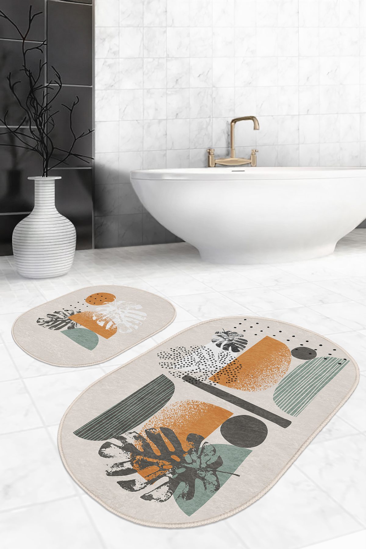 Pastel Renkli Yaprak Desenli Özel Tasarım 2'li Oval Kaymaz Tabanlı Banyo & Mutfak Paspas Takımı Realhomes