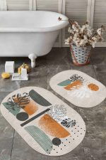 - RealHomes - Realhomes  Pastel Renkli Yaprak Desenli Özel Tasarım 2'li Oval Kaymaz Tabanlı Banyo & Mutfak Paspas Takımı Realhomes