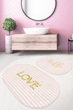 - RealHomes - Realhomes Pembe Çizgili Gold Detaylı Love Motifli 2'li Oval Kaymaz Tabanlı Banyo & Mutfak Paspas Takımı Realhomes