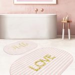 Yeşil Çizgili Ananas Flamingo Tasarımlı 2'li Oval Kaymaz Tabanlı Banyo & Mutfak Paspas Takımı Realhomes