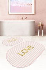 - RealHomes - Realhomes Pembe Çizgili Gold Detaylı Love Motifli 2'li Oval Kaymaz Tabanlı Banyo & Mutfak Paspas Takımı Realhomes