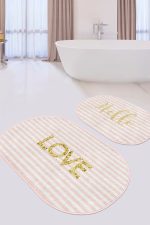 - RealHomes - Realhomes Pembe Çizgili Gold Detaylı Love Motifli 2'li Oval Kaymaz Tabanlı Banyo & Mutfak Paspas Takımı Realhomes