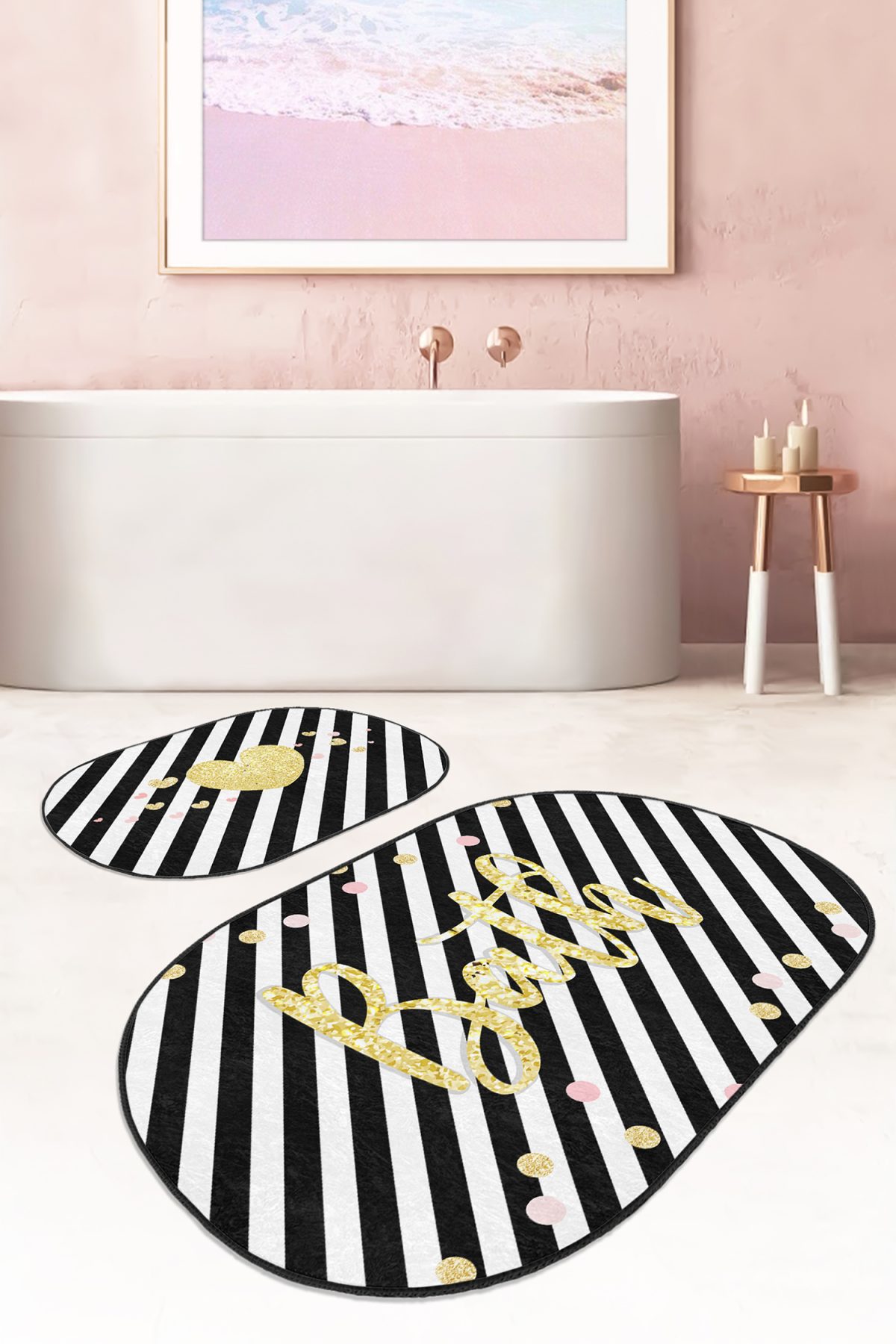 Siyah Beyaz Çizgili Gold Detaylı 2'li Oval Kaymaz Tabanlı Banyo & Mutfak Paspas Takımı Realhomes