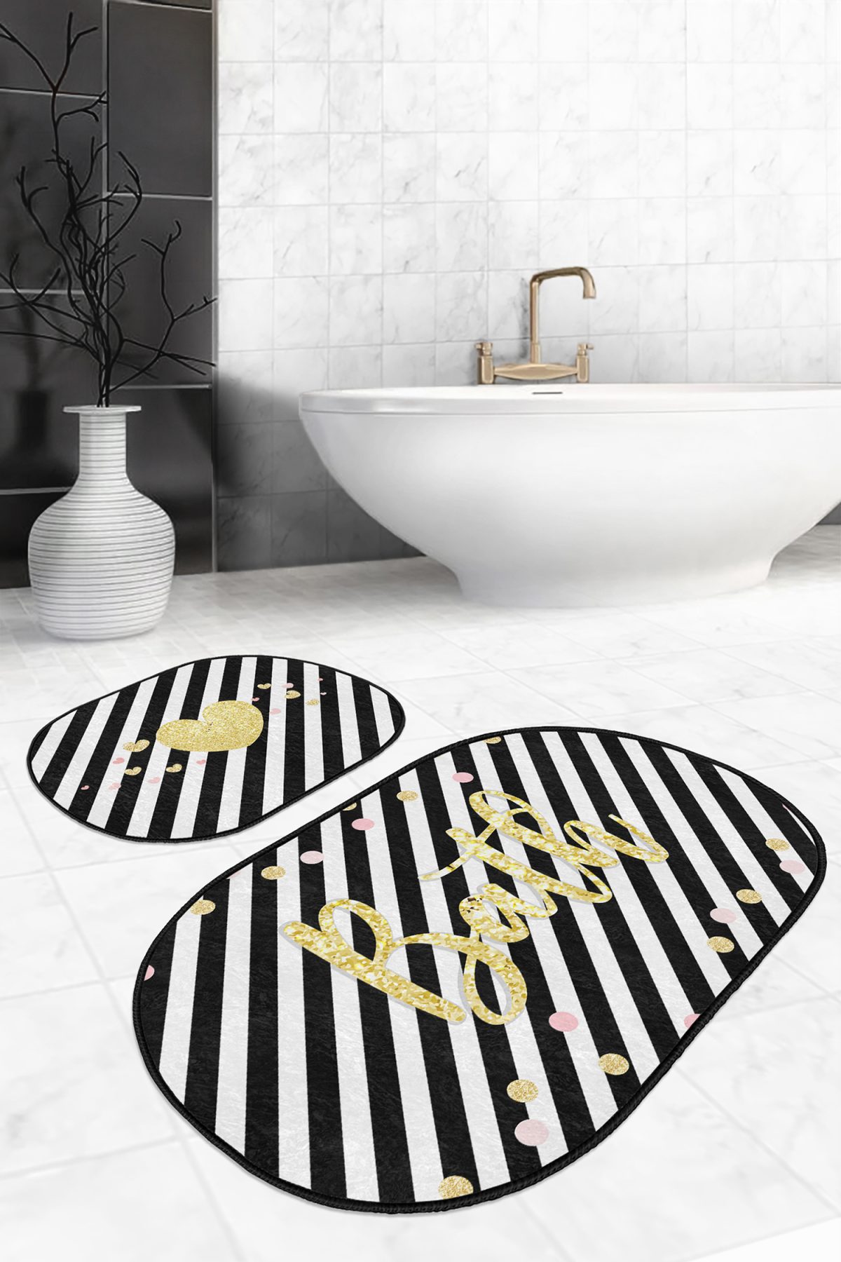 Siyah Beyaz Çizgili Gold Detaylı 2'li Oval Kaymaz Tabanlı Banyo & Mutfak Paspas Takımı Realhomes