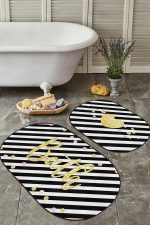- RealHomes - Realhomes  Siyah Beyaz Çizgili Gold Detaylı 2'li Oval Kaymaz Tabanlı Banyo & Mutfak Paspas Takımı Realhomes