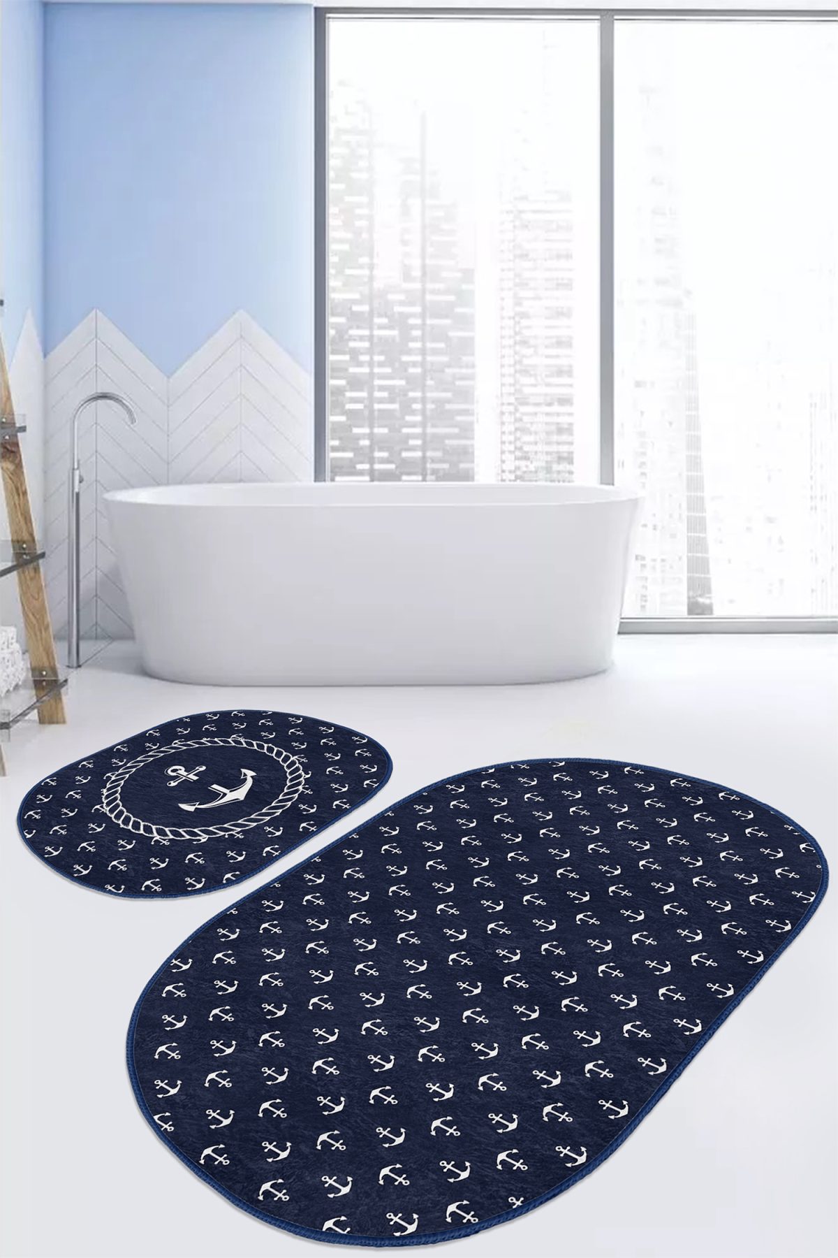 Lacivert Zemin Çapa Tasarımlı Dijital Baskılı 2'li Oval Kaymaz Tabanlı Banyo & Mutfak Paspas Takımı Realhomes