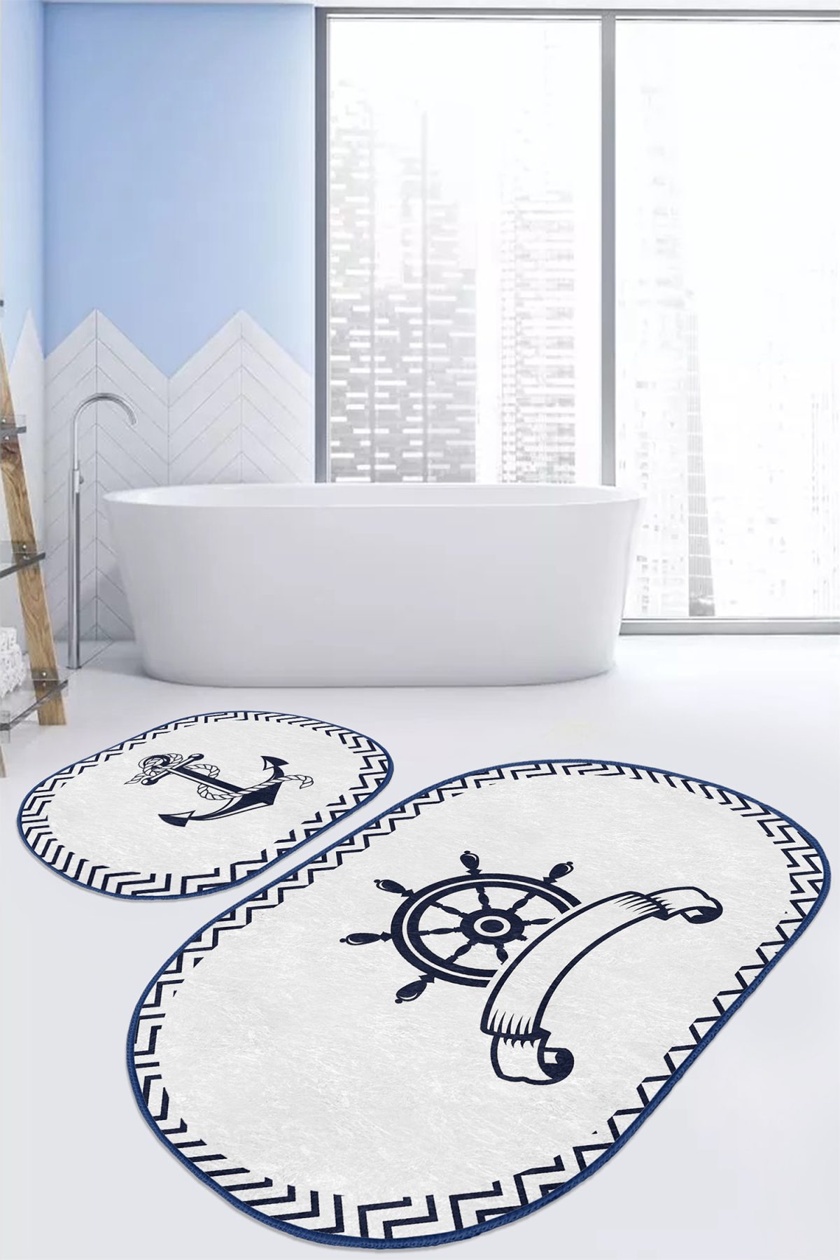 Beyaz Zemin Lacivert Çapa & Dümen Motifli 2'li Oval Kaymaz Tabanlı Banyo & Mutfak Paspas Takımı Realhomes