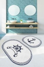 - RealHomes - Realhomes  Beyaz Zemin Lacivert Çapa & Dümen Motifli 2'li Oval Kaymaz Tabanlı Banyo & Mutfak Paspas Takımı Realhomes