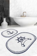- RealHomes - Realhomes  Beyaz Zemin Lacivert Çapa & Dümen Motifli 2'li Oval Kaymaz Tabanlı Banyo & Mutfak Paspas Takımı Realhomes