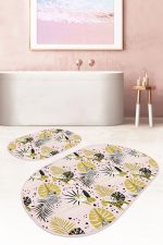 - RealHomes - Realhomes  Tropik Yaprak & Hayvan Motifli Özel Tasarım 2'li Oval Kaymaz Tabanlı Banyo & Mutfak Paspas Takımı Realhomes