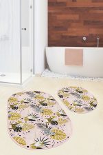 - RealHomes - Realhomes  Tropik Yaprak & Hayvan Motifli Özel Tasarım 2'li Oval Kaymaz Tabanlı Banyo & Mutfak Paspas Takımı Realhomes