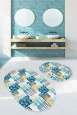 Beyaz Zemin Renkli Deniz Tasarımları Dijital Baskılı 2'li Oval Kaymaz Tabanlı Banyo & Mutfak Paspas Takımı Realhomes