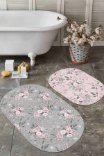 - RealHomes - Realhomes  Gri & Pembe Zemin Gül Özel Tasarımlı 2'li Oval Kaymaz Tabanlı Banyo & Mutfak Paspas Takımı Realhomes