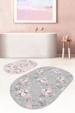 - RealHomes - Realhomes  Gri & Pembe Zemin Gül Özel Tasarımlı 2'li Oval Kaymaz Tabanlı Banyo & Mutfak Paspas Takımı Realhomes