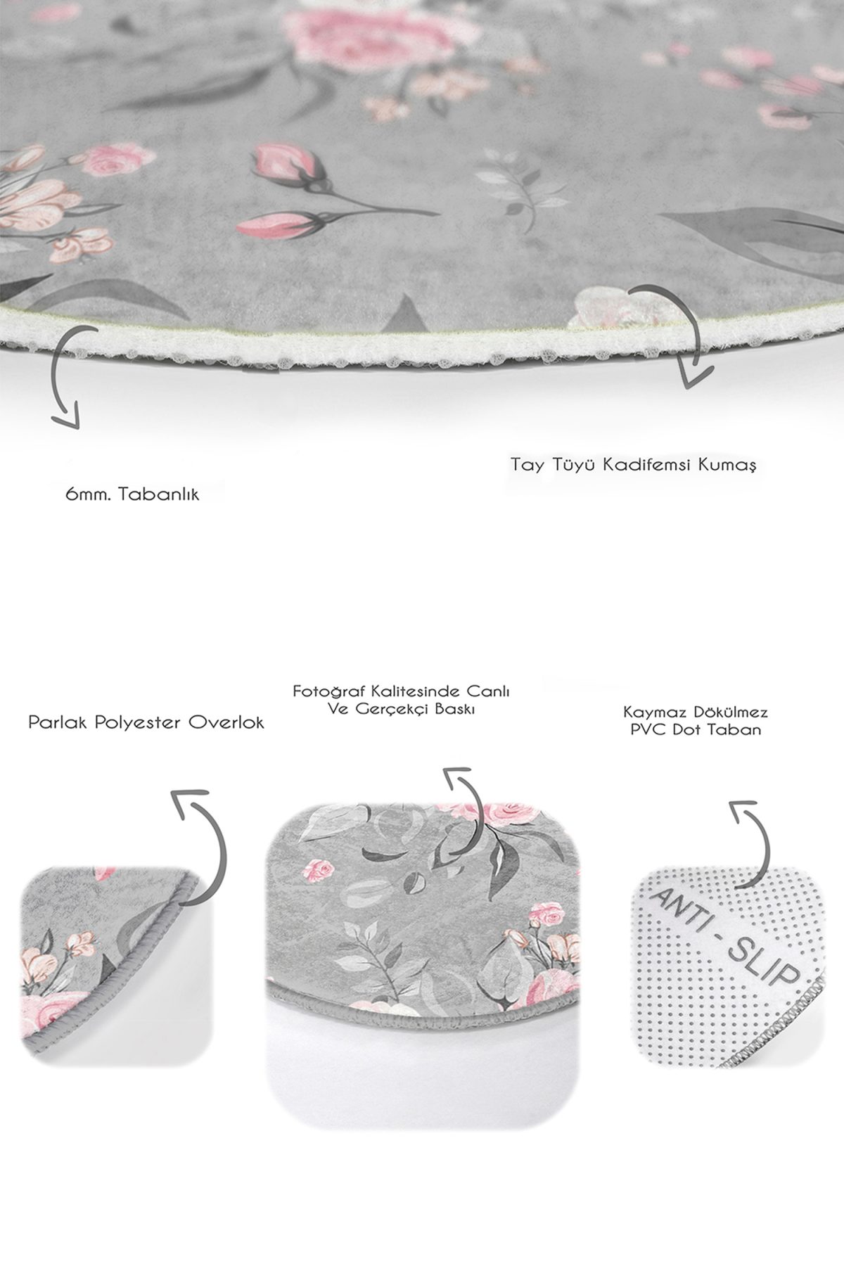 Gri & Pembe Zemin Gül Özel Tasarımlı 2'li Oval Kaymaz Tabanlı Banyo & Mutfak Paspas Takımı Realhomes