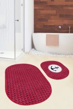 - RealHomes - Realhomes  Bordo Zemin Lacivert Dalga Detaylı Özel Tasarım 2'li Oval Kaymaz Tabanlı Banyo & Mutfak Paspas Takımı Realhomes