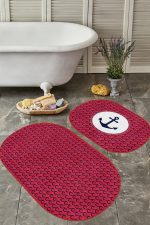 - RealHomes - Realhomes  Bordo Zemin Lacivert Dalga Detaylı Özel Tasarım 2'li Oval Kaymaz Tabanlı Banyo & Mutfak Paspas Takımı Realhomes