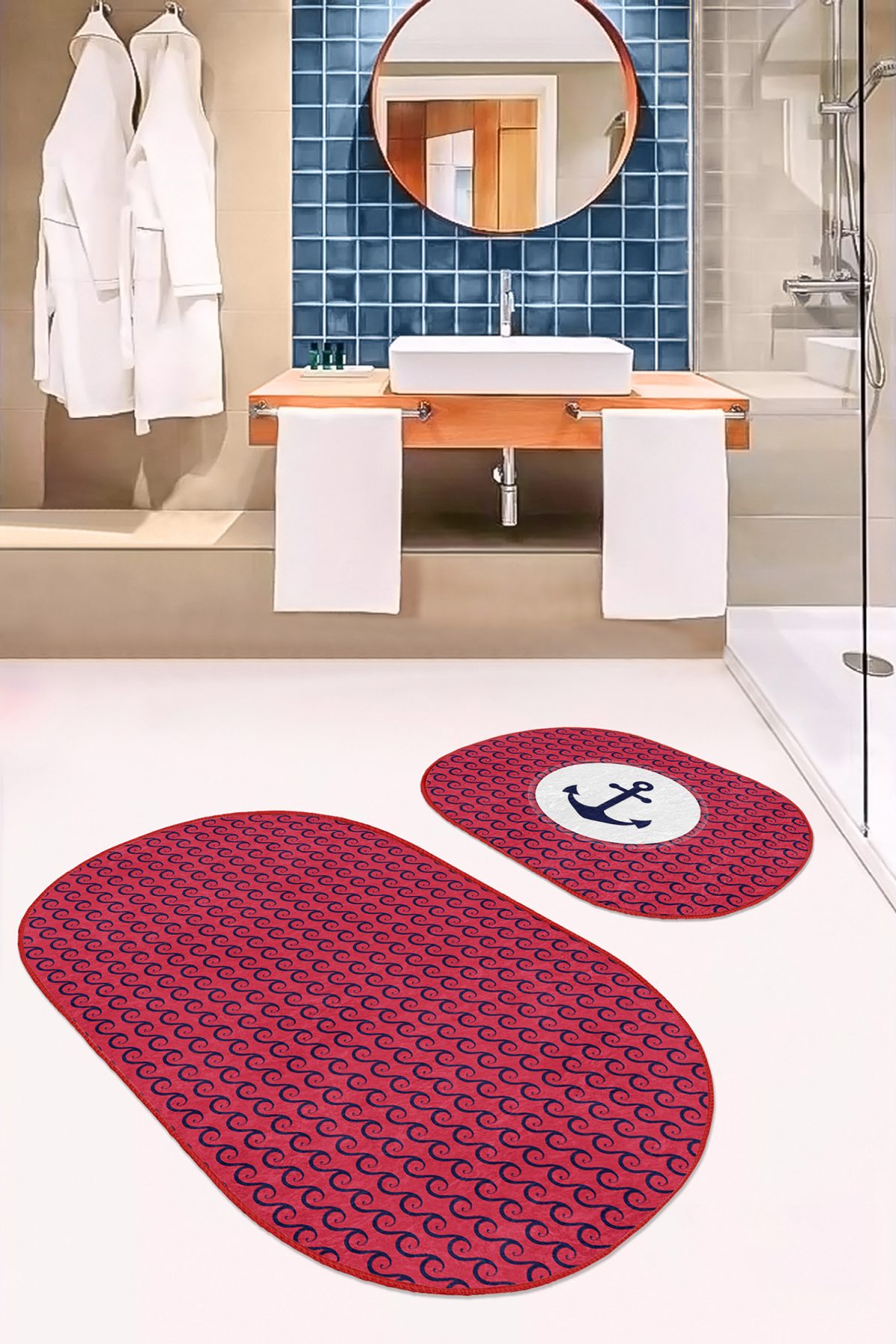 Bordo Zemin Lacivert Dalga Detaylı Özel Tasarım 2'li Oval Kaymaz Tabanlı Banyo & Mutfak Paspas Takımı Realhomes