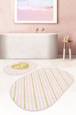- RealHomes - Realhomes  Pembe Gold Çizgili Dijital Baskılı 2'li Oval Kaymaz Tabanlı Banyo & Mutfak Paspas Takımı Realhomes
