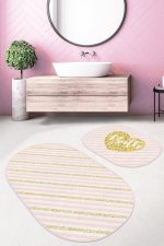 - RealHomes - Realhomes  Pembe Gold Çizgili Dijital Baskılı 2'li Oval Kaymaz Tabanlı Banyo & Mutfak Paspas Takımı Realhomes