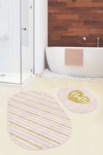 - RealHomes - Realhomes  Pembe Gold Çizgili Dijital Baskılı 2'li Oval Kaymaz Tabanlı Banyo & Mutfak Paspas Takımı Realhomes