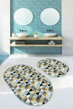- RealHomes - Realhomes  Renkli Geometrik Üçgen Motifli Dijital Baskılı 2'li Oval Kaymaz Tabanlı Banyo & Mutfak Paspas Takımı Realhomes