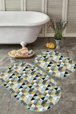 - RealHomes - Realhomes  Renkli Geometrik Üçgen Motifli Dijital Baskılı 2'li Oval Kaymaz Tabanlı Banyo & Mutfak Paspas Takımı Realhomes