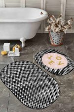 - RealHomes - Realhomes  Zigzag Zemin Love Motifli Dijital Baskılı 2'li Oval Kaymaz Tabanlı Banyo & Mutfak Paspas Takımı Realhomes