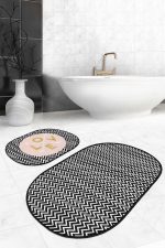 - RealHomes - Realhomes  Zigzag Zemin Love Motifli Dijital Baskılı 2'li Oval Kaymaz Tabanlı Banyo & Mutfak Paspas Takımı Realhomes