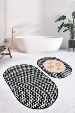 - RealHomes - Realhomes  Zigzag Zemin Love Motifli Dijital Baskılı 2'li Oval Kaymaz Tabanlı Banyo & Mutfak Paspas Takımı Realhomes
