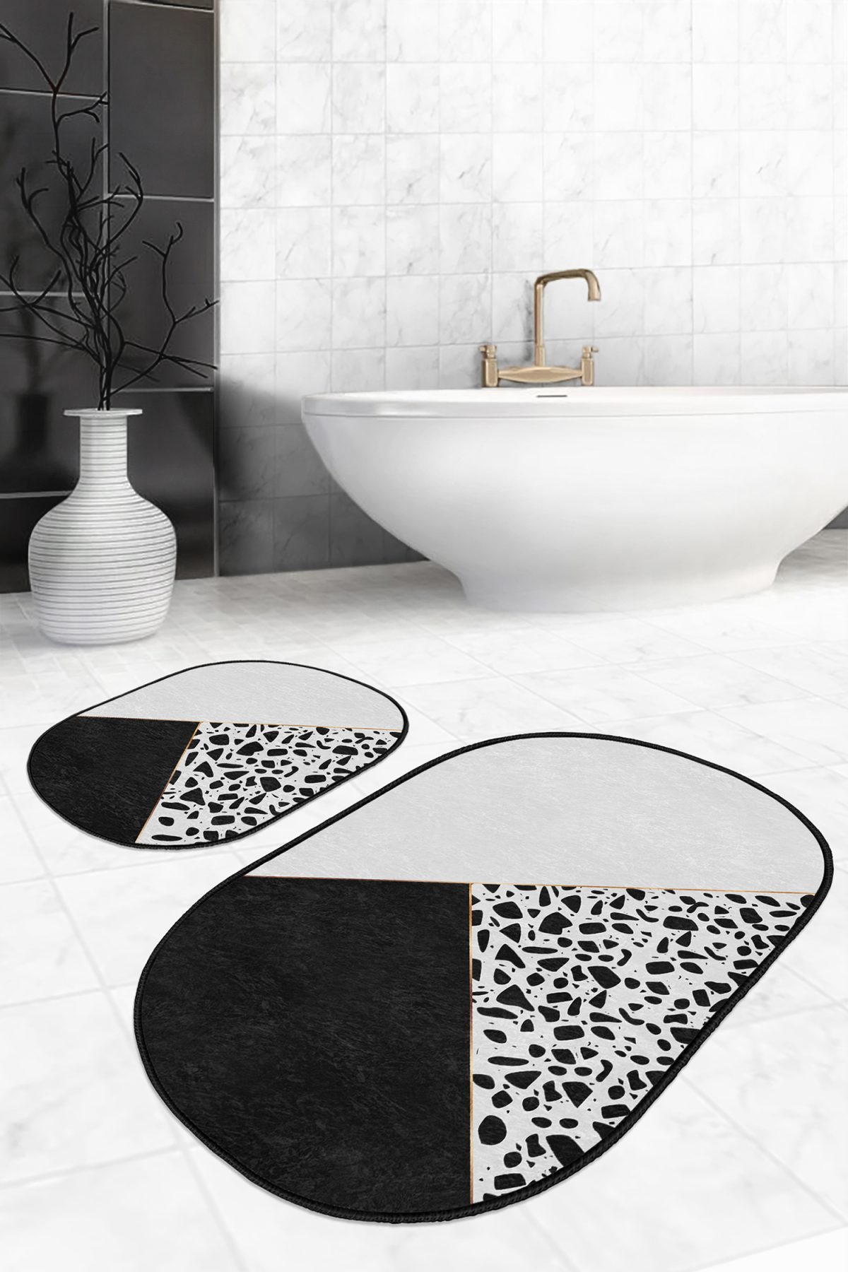 Siyah Beyaz Düz Renkli Taş Tasarımlı 2'li Oval Kaymaz Tabanlı Banyo & Mutfak Paspas Takımı Realhomes