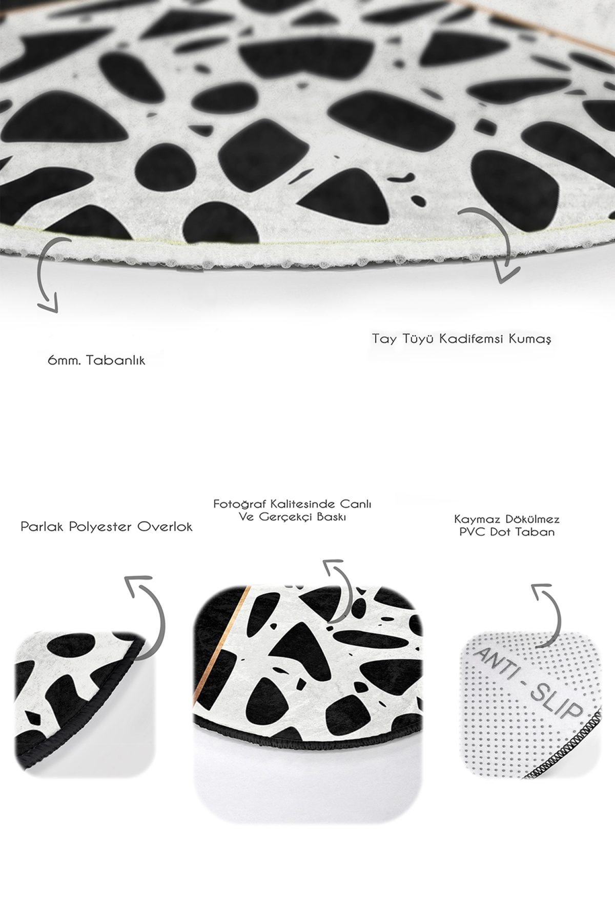 Siyah Beyaz Düz Renkli Taş Tasarımlı 2'li Oval Kaymaz Tabanlı Banyo & Mutfak Paspas Takımı Realhomes