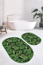 - RealHomes - Realhomes  Siyah Zemin Yeşil Tropik Yapraklar Özel Tasarım 2'li Oval Kaymaz Tabanlı Banyo & Mutfak Paspas Takımı Realhomes
