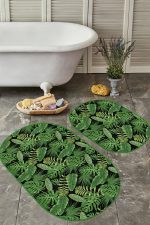 - RealHomes - Realhomes  Siyah Zemin Yeşil Tropik Yapraklar Özel Tasarım 2'li Oval Kaymaz Tabanlı Banyo & Mutfak Paspas Takımı Realhomes