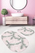 - RealHomes - Realhomes  Pembe Zemin Çam Yaprakları Kar Taneleri 2'li Oval Kaymaz Tabanlı Banyo & Mutfak Paspas Takımı Realhomes
