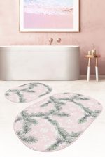 - RealHomes - Realhomes  Pembe Zemin Çam Yaprakları Kar Taneleri 2'li Oval Kaymaz Tabanlı Banyo & Mutfak Paspas Takımı Realhomes