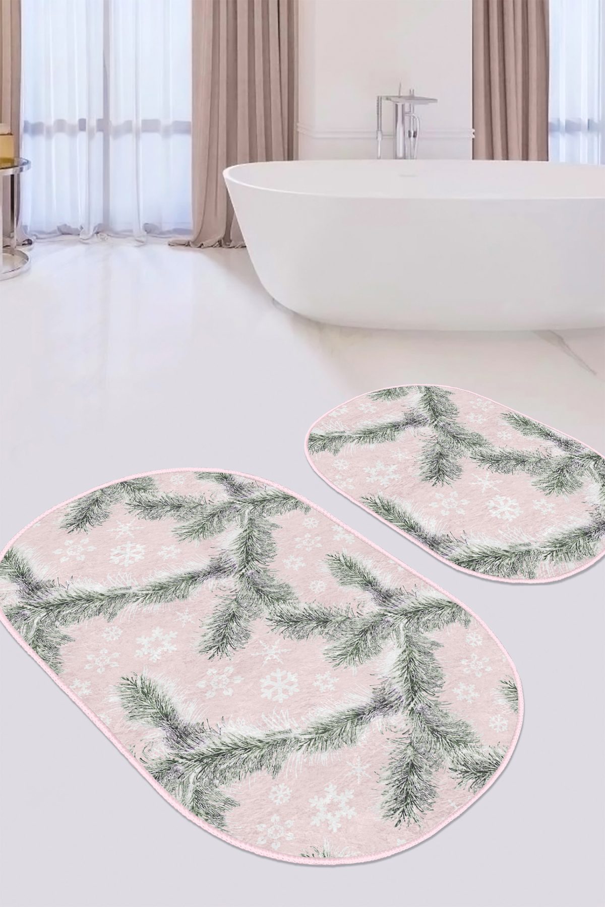 Pembe Zemin Çam Yaprakları Kar Taneleri 2'li Oval Kaymaz Tabanlı Banyo & Mutfak Paspas Takımı Realhomes