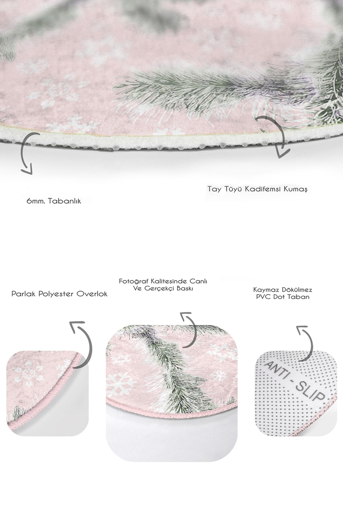Pembe Zemin Çam Yaprakları Kar Taneleri 2'li Oval Kaymaz Tabanlı Banyo & Mutfak Paspas Takımı Realhomes