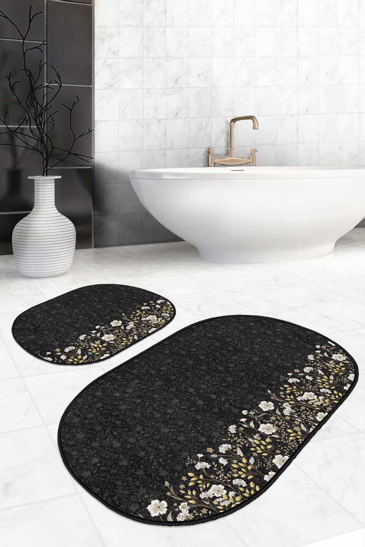 Siyah Zemin Gold Detaylı Çiçekler Dijital Baskılı 2'li Oval Kaymaz Tabanlı Banyo & Mutfak Paspas Takımı Realhomes
