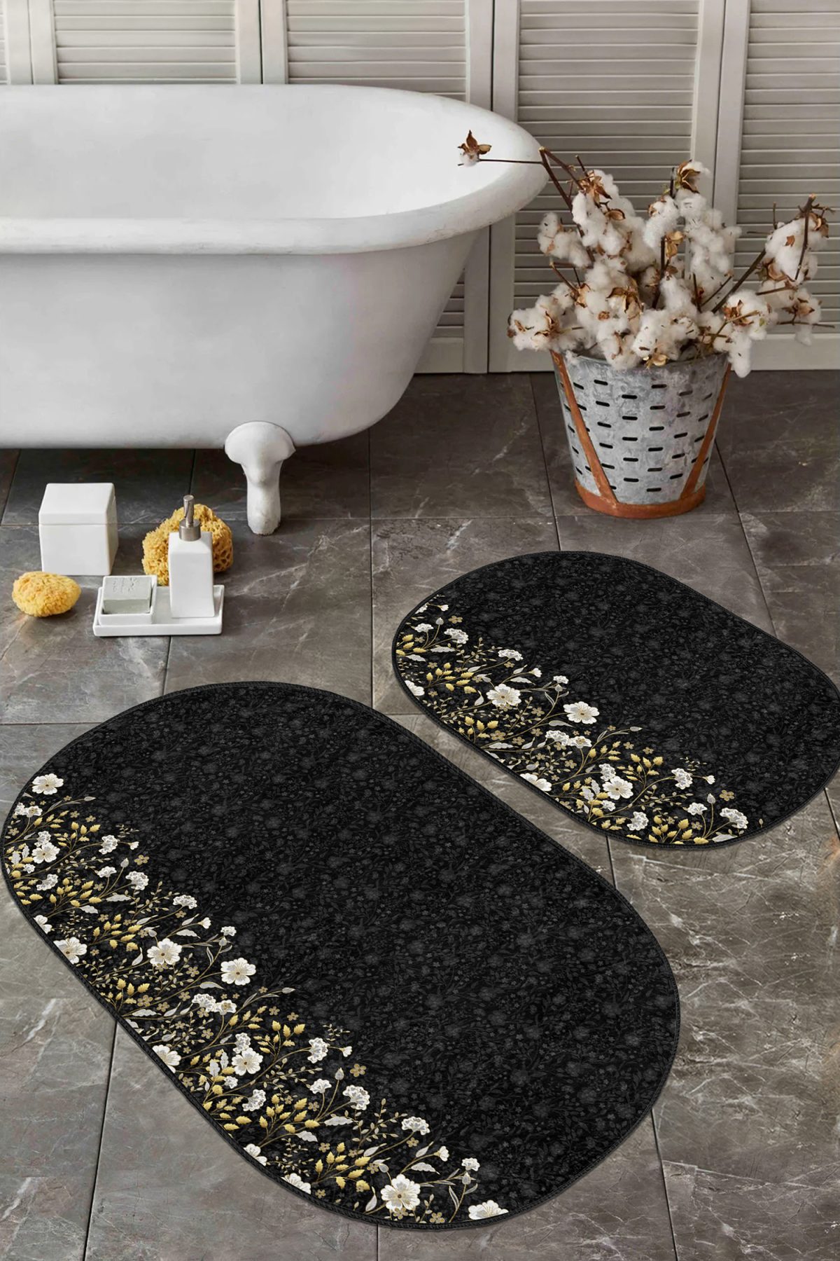 Siyah Zemin Gold Detaylı Çiçekler Dijital Baskılı 2'li Oval Kaymaz Tabanlı Banyo & Mutfak Paspas Takımı Realhomes