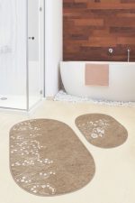 - RealHomes - Realhomes  Kahve Zemin Beyaz Çiçek Özel Tasarımlı 2'li Oval Kaymaz Tabanlı Banyo & Mutfak Paspas Takımı Realhomes