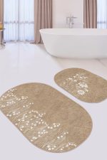 - RealHomes - Realhomes  Kahve Zemin Beyaz Çiçek Özel Tasarımlı 2'li Oval Kaymaz Tabanlı Banyo & Mutfak Paspas Takımı Realhomes