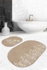 - RealHomes - Realhomes  Kahve Zemin Beyaz Çiçek Özel Tasarımlı 2'li Oval Kaymaz Tabanlı Banyo & Mutfak Paspas Takımı Realhomes