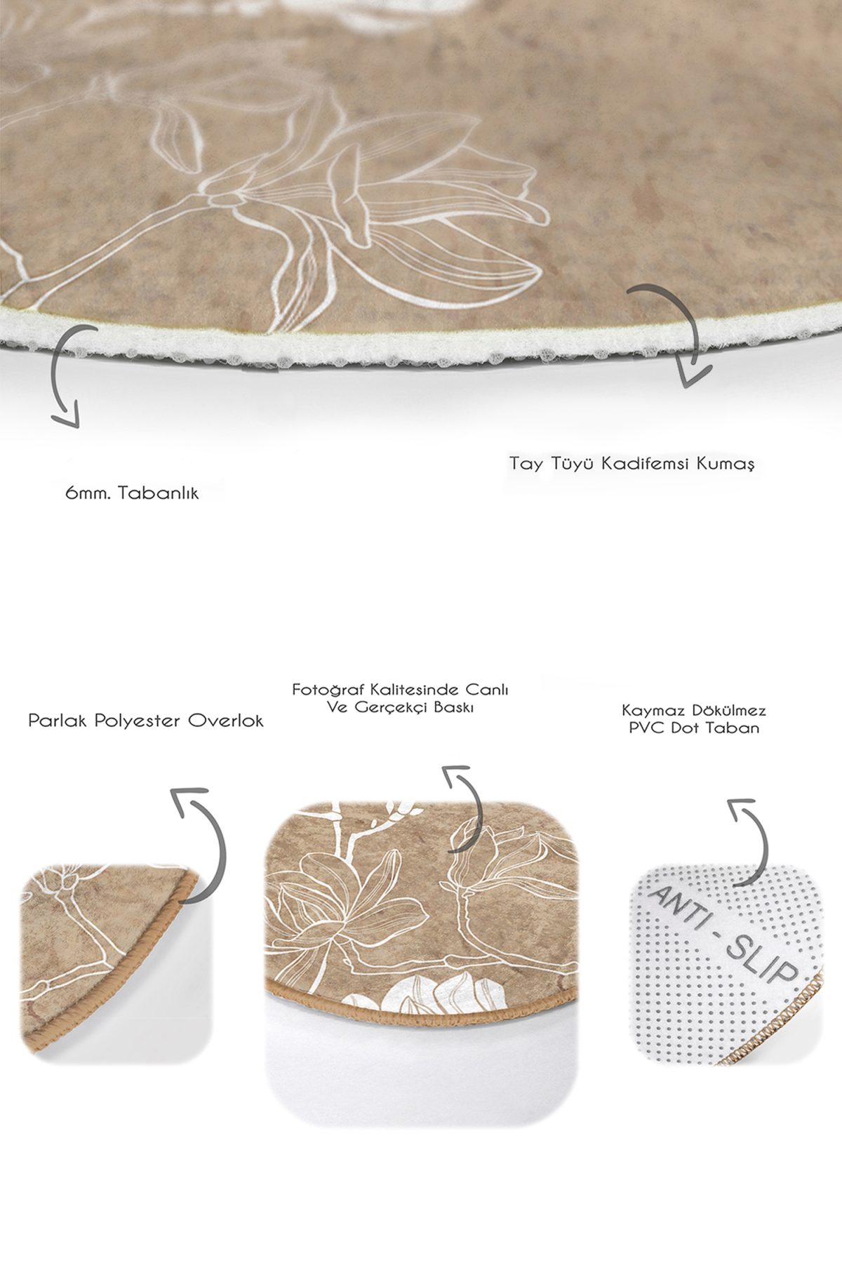 Kahve Zemin Beyaz Çiçek Özel Tasarımlı 2'li Oval Kaymaz Tabanlı Banyo & Mutfak Paspas Takımı Realhomes