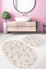 - RealHomes - Realhomes Pembe Zemin Gül Motifleri Dijital Baskılı 2'li Oval Kaymaz Tabanlı Banyo & Mutfak Paspas Takımı Realhomes