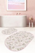 - RealHomes - Realhomes Pembe Zemin Gül Motifleri Dijital Baskılı 2'li Oval Kaymaz Tabanlı Banyo & Mutfak Paspas Takımı Realhomes