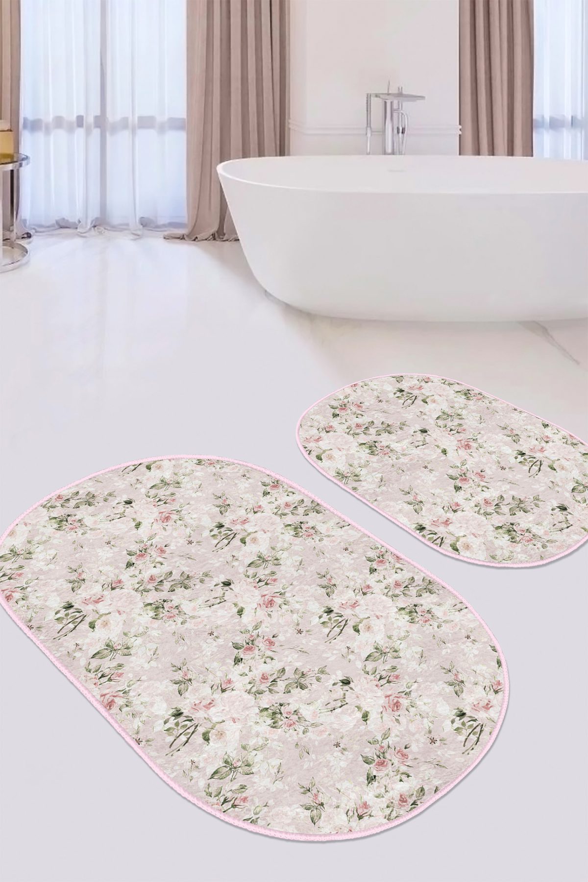 Pembe Zemin Gül Motifleri Dijital Baskılı 2'li Oval Kaymaz Tabanlı Banyo & Mutfak Paspas Takımı Realhomes