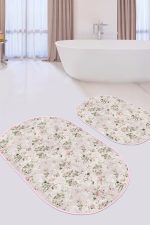 - RealHomes - Realhomes Pembe Zemin Gül Motifleri Dijital Baskılı 2'li Oval Kaymaz Tabanlı Banyo & Mutfak Paspas Takımı Realhomes