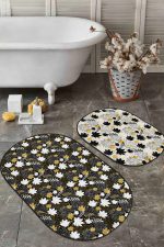 - RealHomes - Realhomes  Gold Detaylı Sonbahar Yaprakları Özel Tasarım 2'li Oval Kaymaz Tabanlı Banyo & Mutfak Paspas Takımı Realhomes