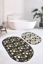 - RealHomes - Realhomes  Gold Detaylı Sonbahar Yaprakları Özel Tasarım 2'li Oval Kaymaz Tabanlı Banyo & Mutfak Paspas Takımı Realhomes